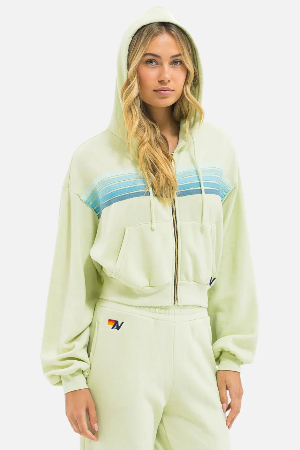 Aviator Nation 5 Stripe Cropped Zip Hood in Lime Cream and Seafoam - Image 2