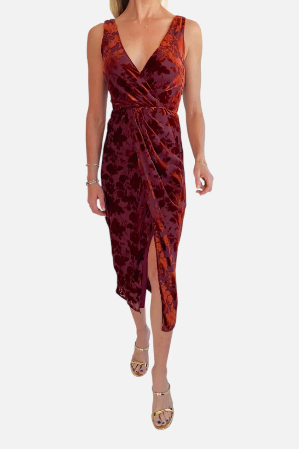 Lulus Aman Velvet Midi Dress in Rust