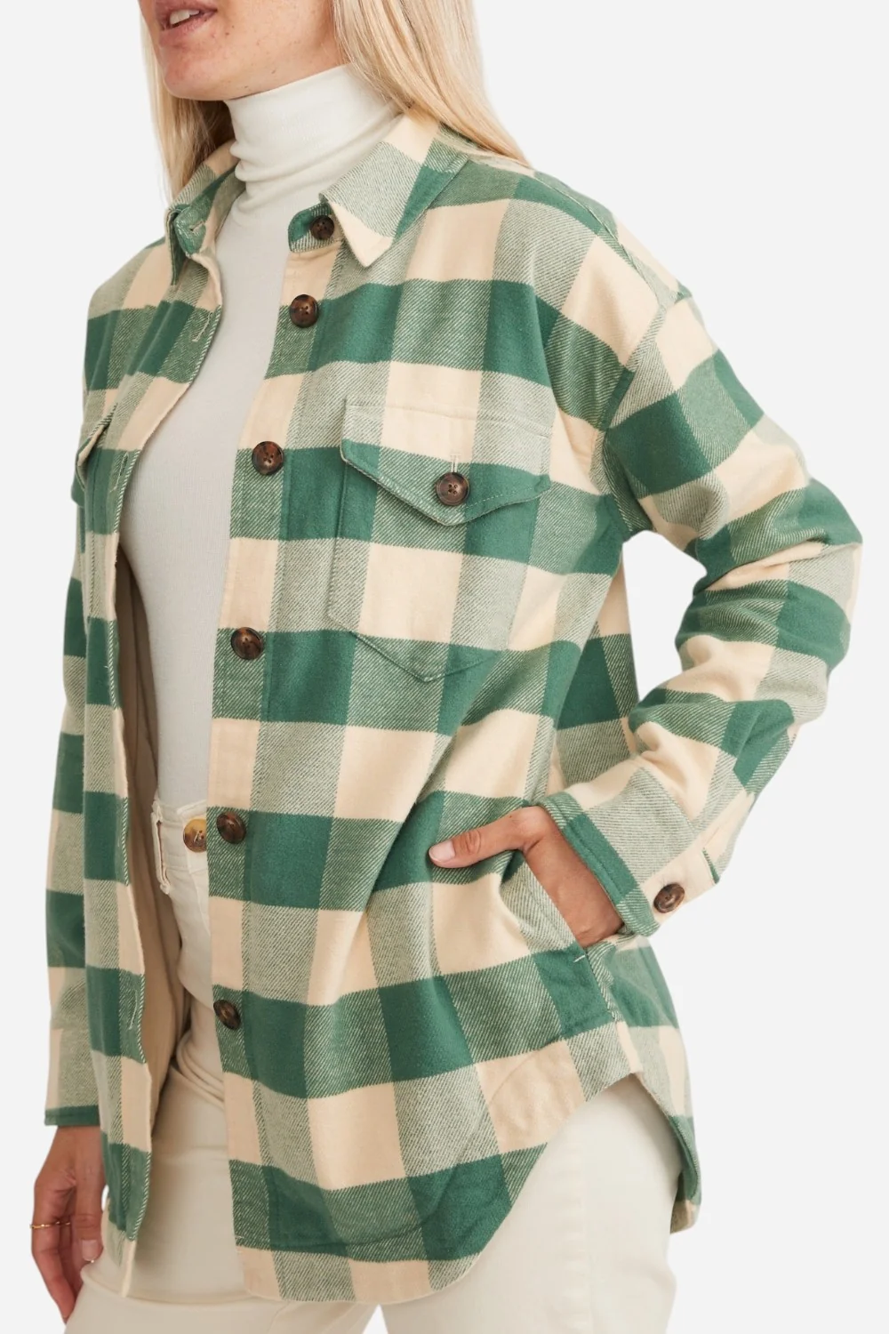 Marine Layer Bailey Flannel Shirt Jacket in Green Cream Buffalo - Image 3