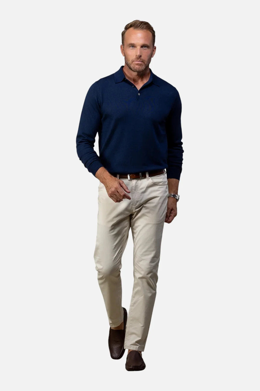Collars & CO Men's Bellagio Three Button Long Sleeve Merino Polo in Navy - Image 2