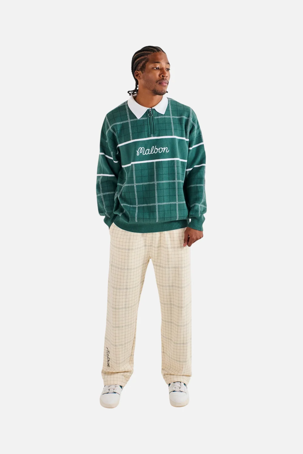 Malbon Golf Men's Bon Script Plaid Sweatpant in Ivory