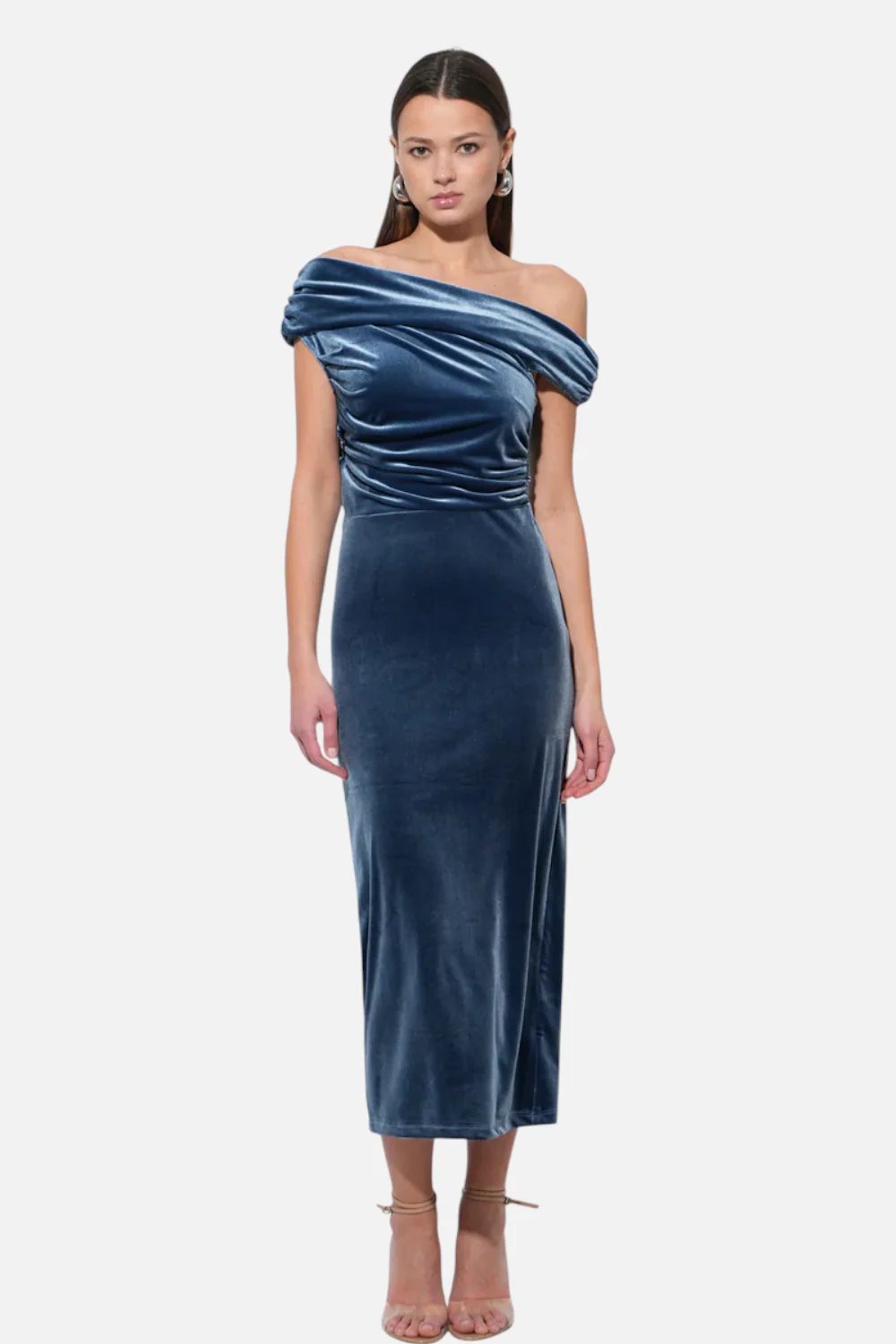 Adelyn Rae Casette Off Shoulder Velvet Midi Dress in Icy Blue