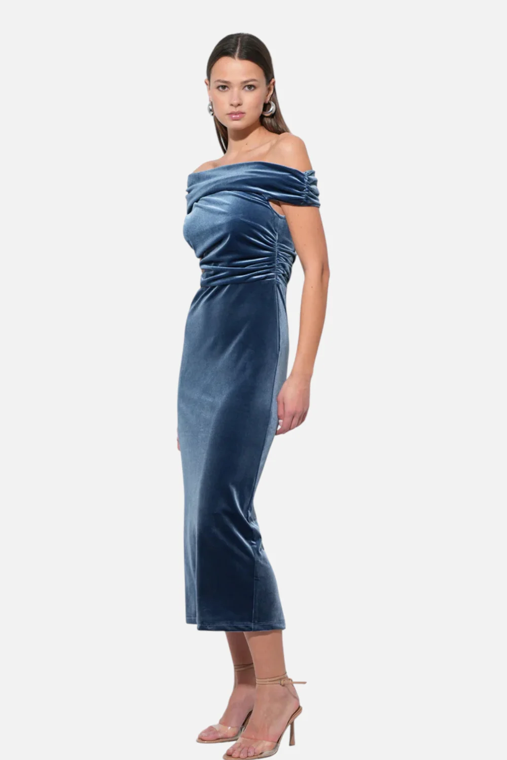 Adelyn Rae Casette Off Shoulder Velvet Midi Dress in Icy Blue - Image 2