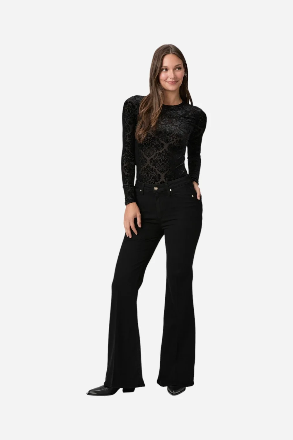 Paige Charlie 32" Flare Jean in Black Shadow - Image 5