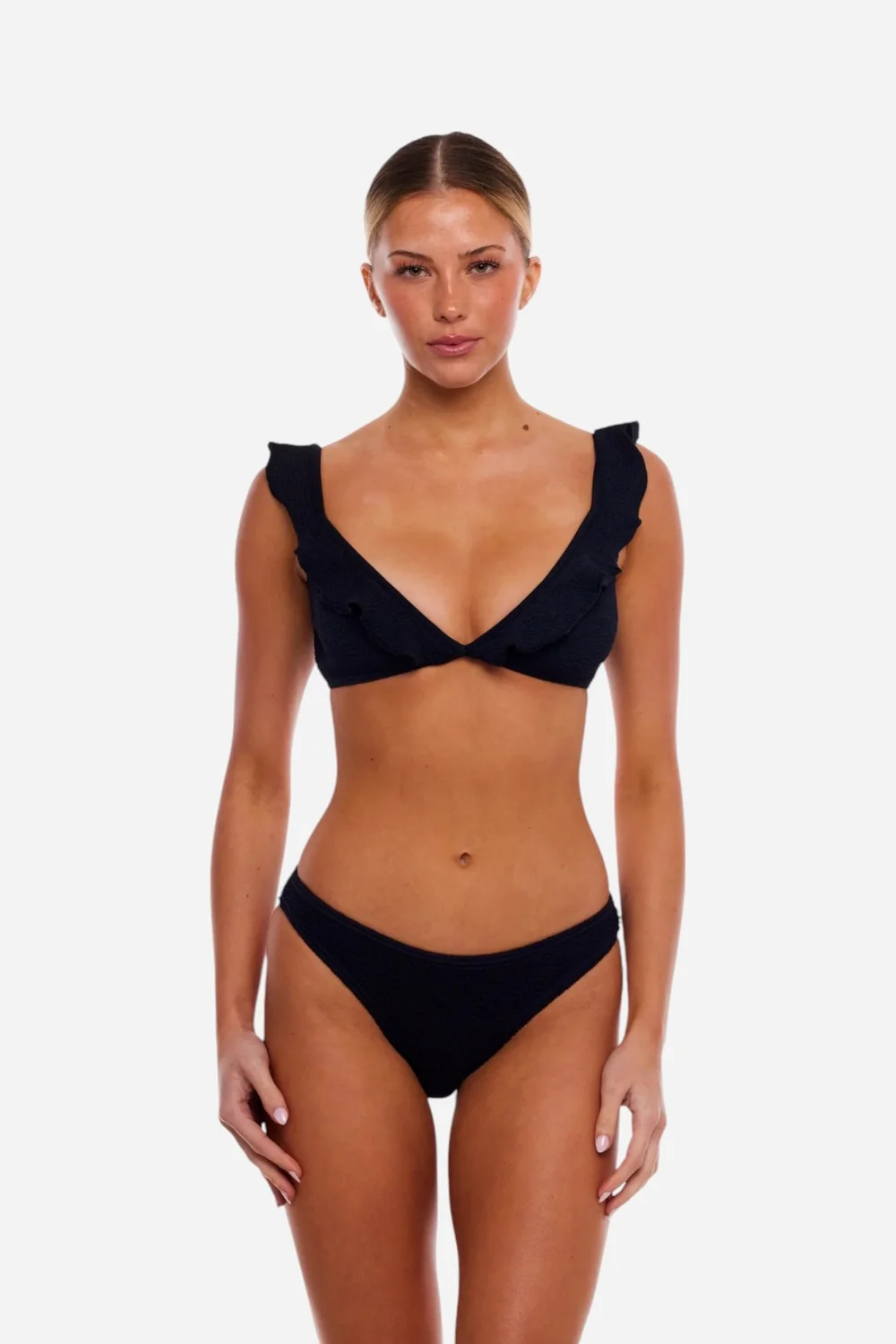 Love & Bikinis Cozumel Ruffles One Size Bikini Top in Black