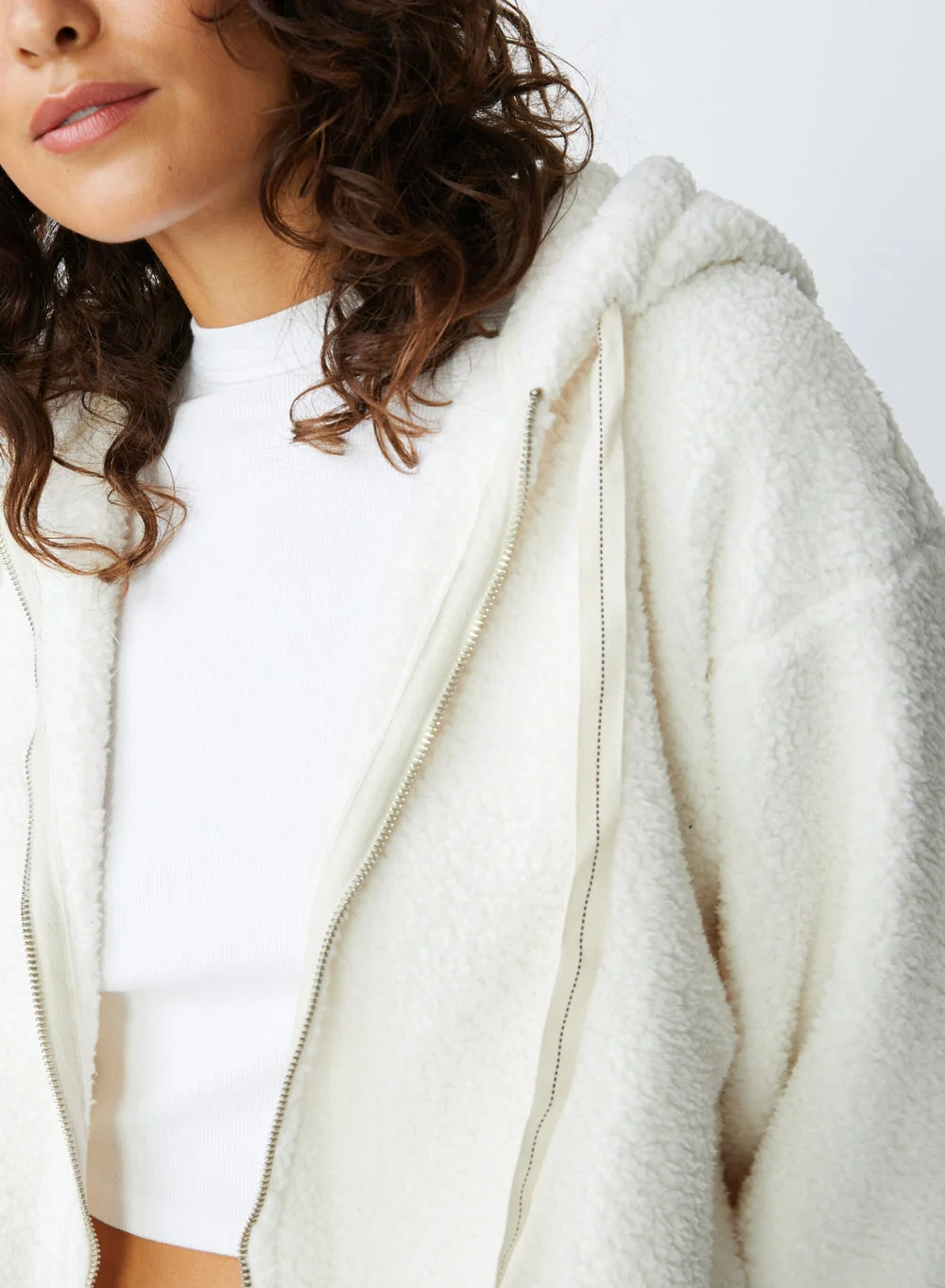 Stateside Double Face Sherpa Hooded Zip Jacket in Cream - Image 3