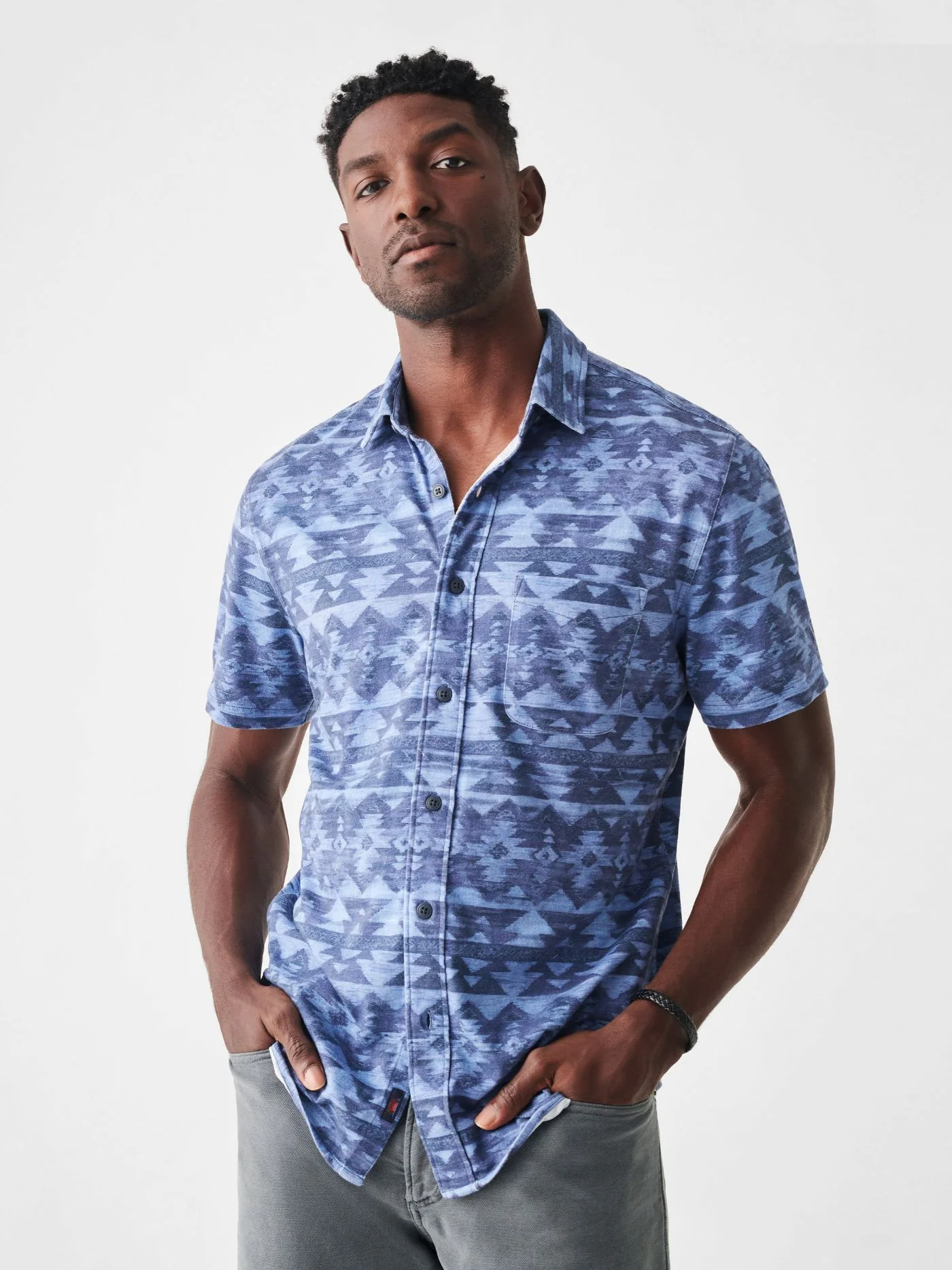 Faherty Doug Good Feather Short Sleeve Knit Seasons Shirt in Six Rivers Sky - Image 3