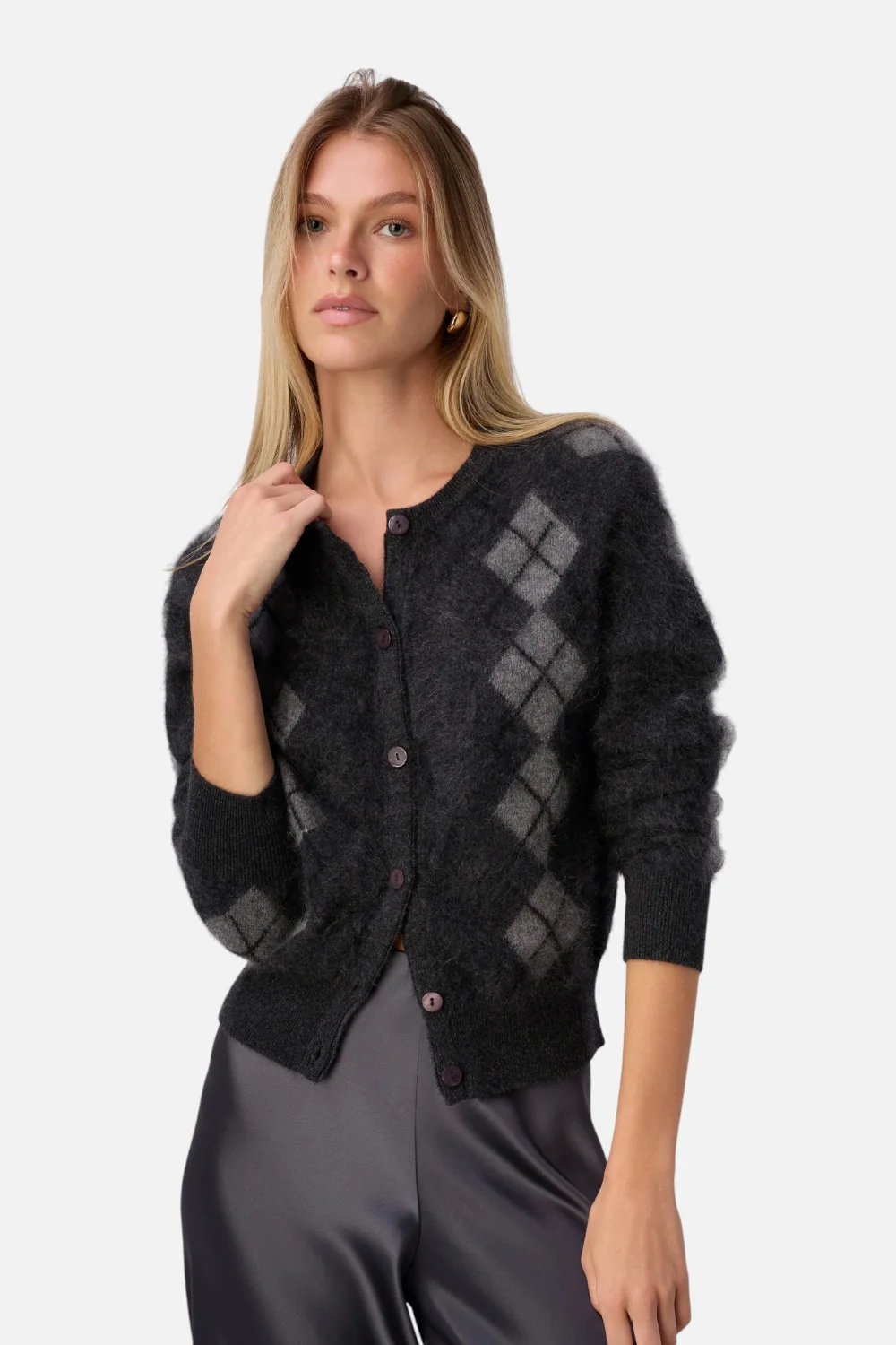 Cami NYC Dorian Cashmere Cardigan in Gray Argyle - Image 3