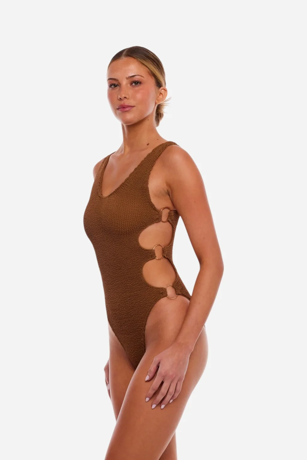 Love & Bikinis Dubai Multi-Ring Cutout One Size One Piece Swimsuit in Chocolate - Image 2