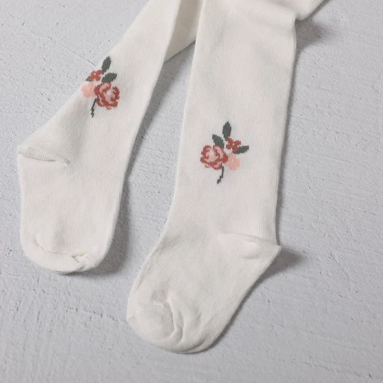 Viverano Fine Knit Baby Girl Tights in Soft White Floral - Image 2