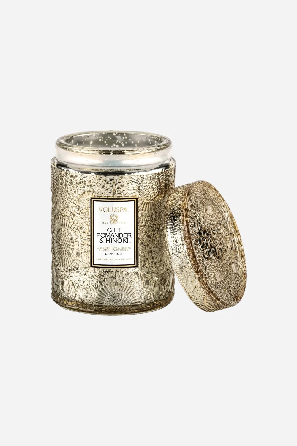 Voluspa Gilt Pomander & Hinoki Small Embossed Glass Candle - Image 2