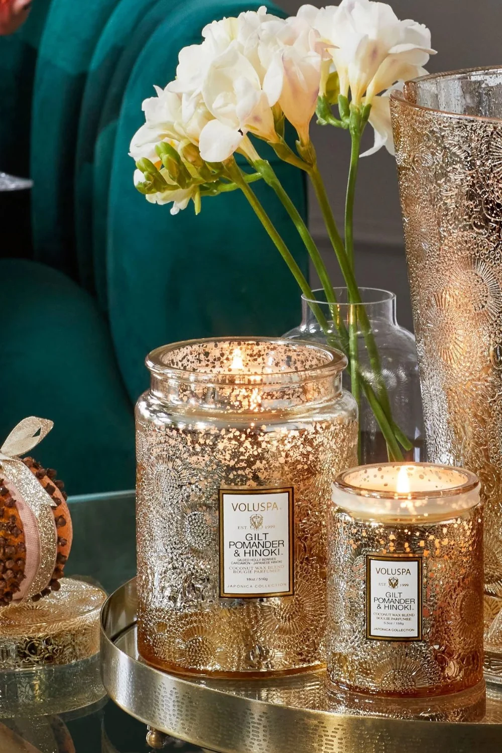 Voluspa Gilt Pomander & Hinoki Small Embossed Glass Candle - Image 3
