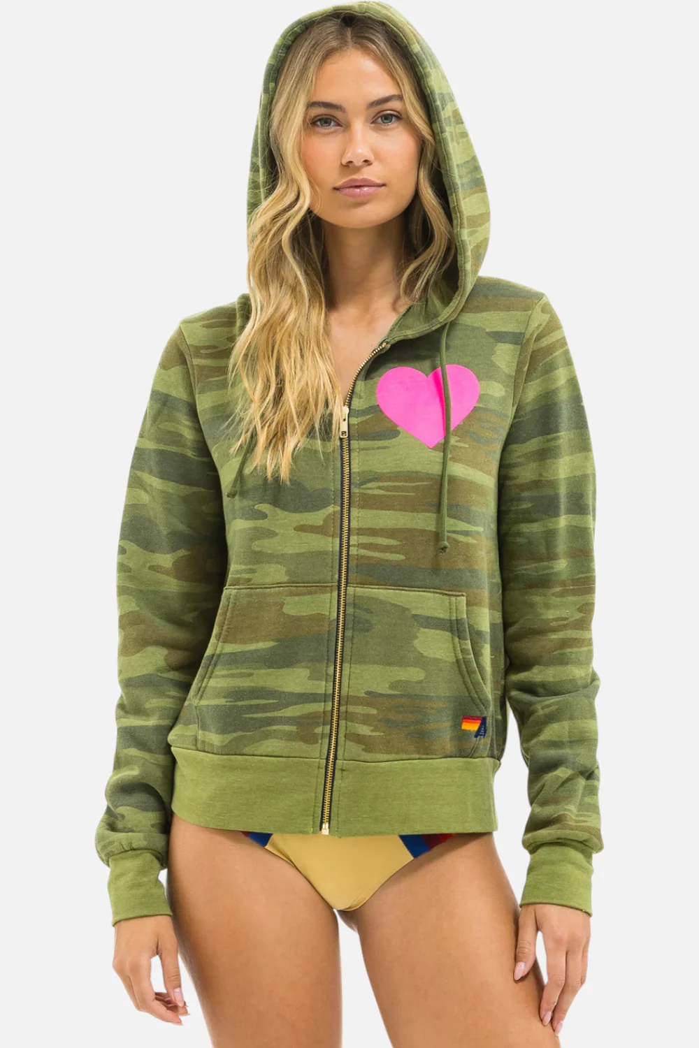 Aviator Nation Heart 2 Zip Hoodie in Camo & Neon Pink