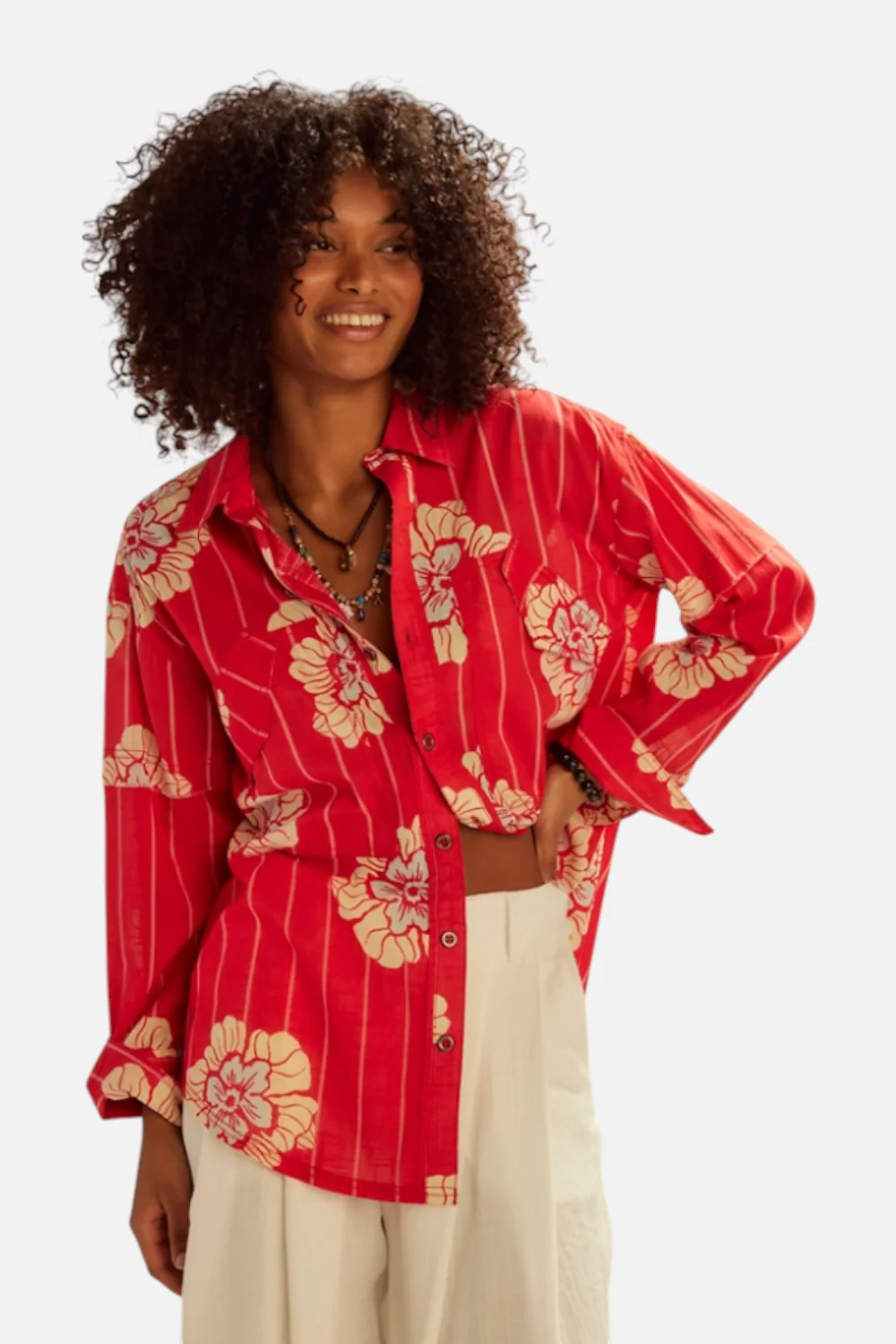 Free People Hidden Flower Camo Shirt in Cherry Combo