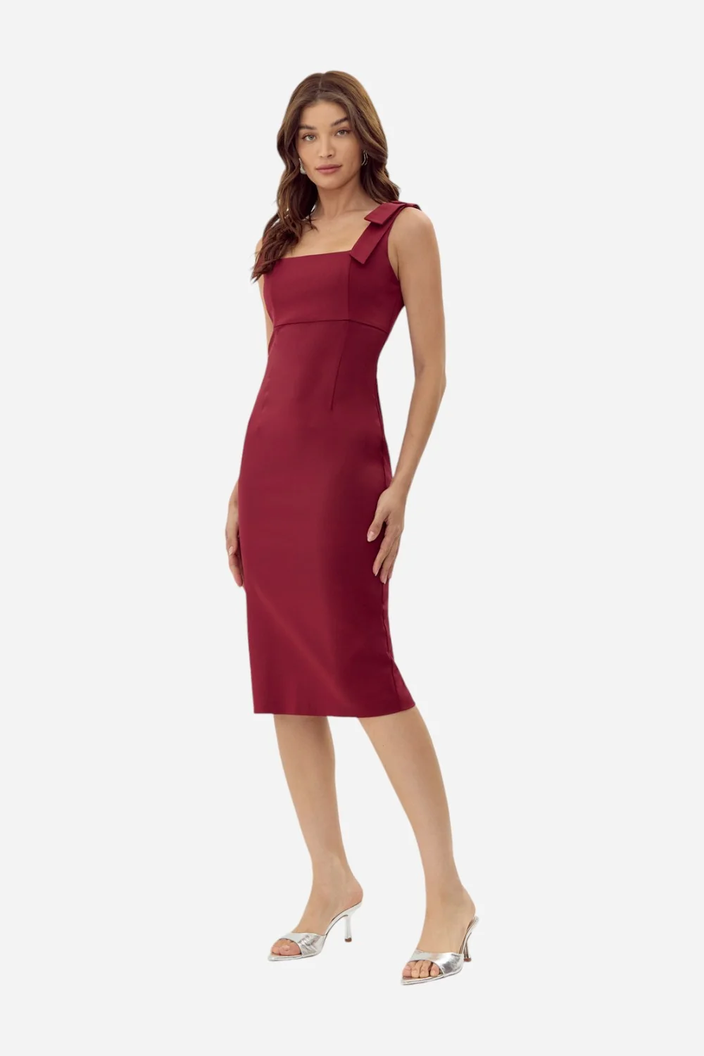 Adelyn Rae Karissa Shoulder Tie Crepe Midi Dress in Cranberry - Image 2