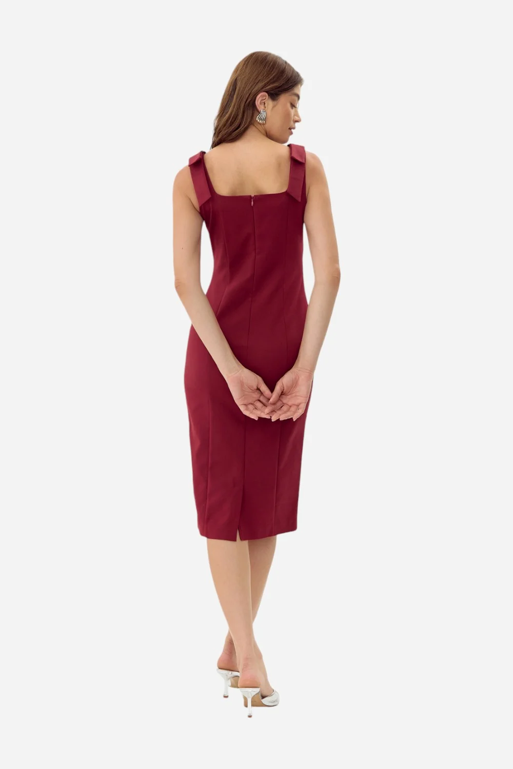 Adelyn Rae Karissa Shoulder Tie Crepe Midi Dress in Cranberry - Image 3