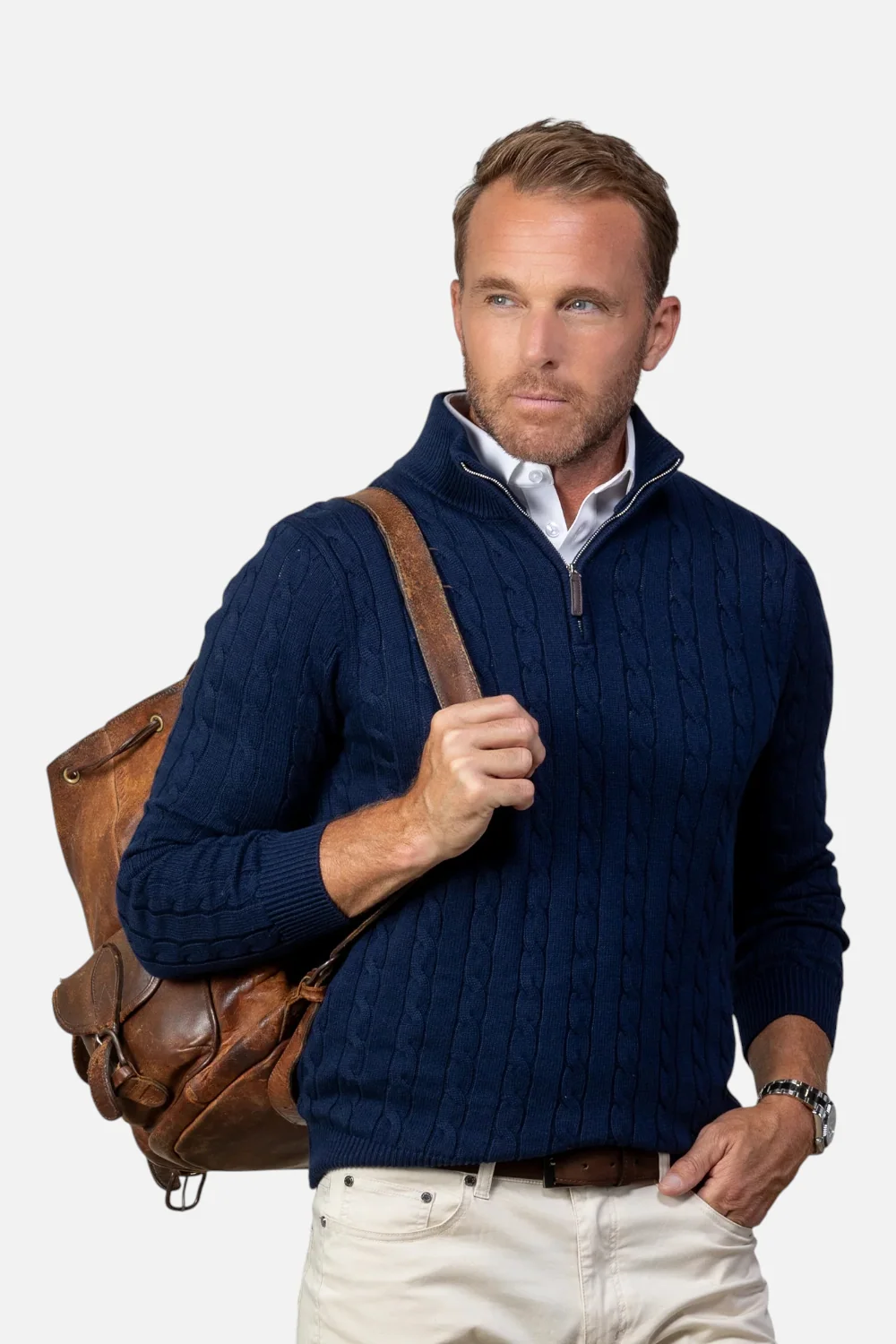 Collars & CO Men's Kensington Cable Knit Quarter Zip Sweater in Navy - Image 3