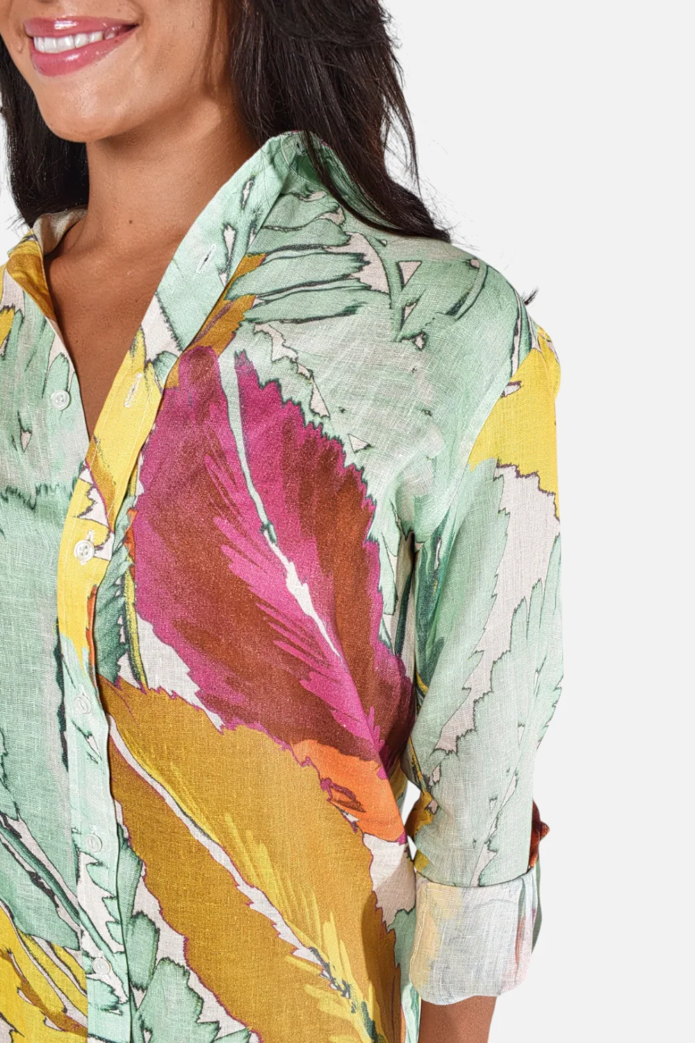 Emily Phillips Linen Leaf Girlfriend Dress in Yellow and Green - Image 3