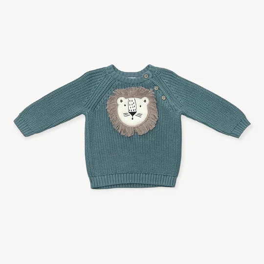 Viverano Lion Applique Baby Pullover Sweater Knit in Teal Blue - Image 2