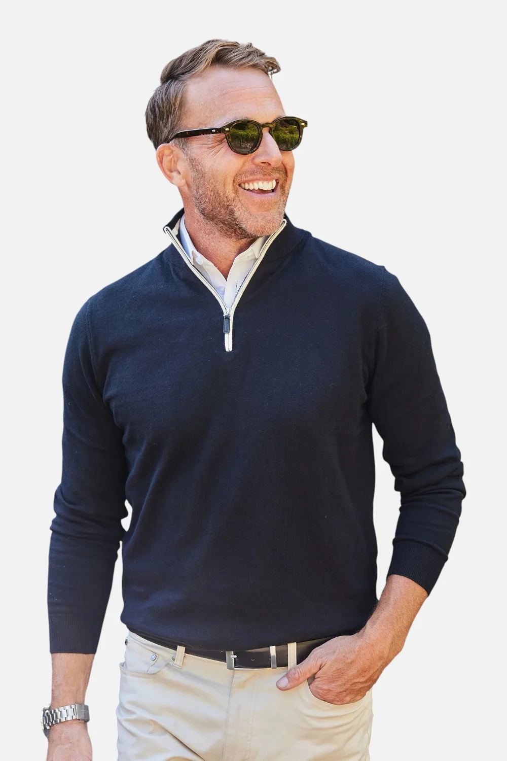 Collars & CO Luxury Touch Cotton and Cashmere Quarter Zip Sweater in Black