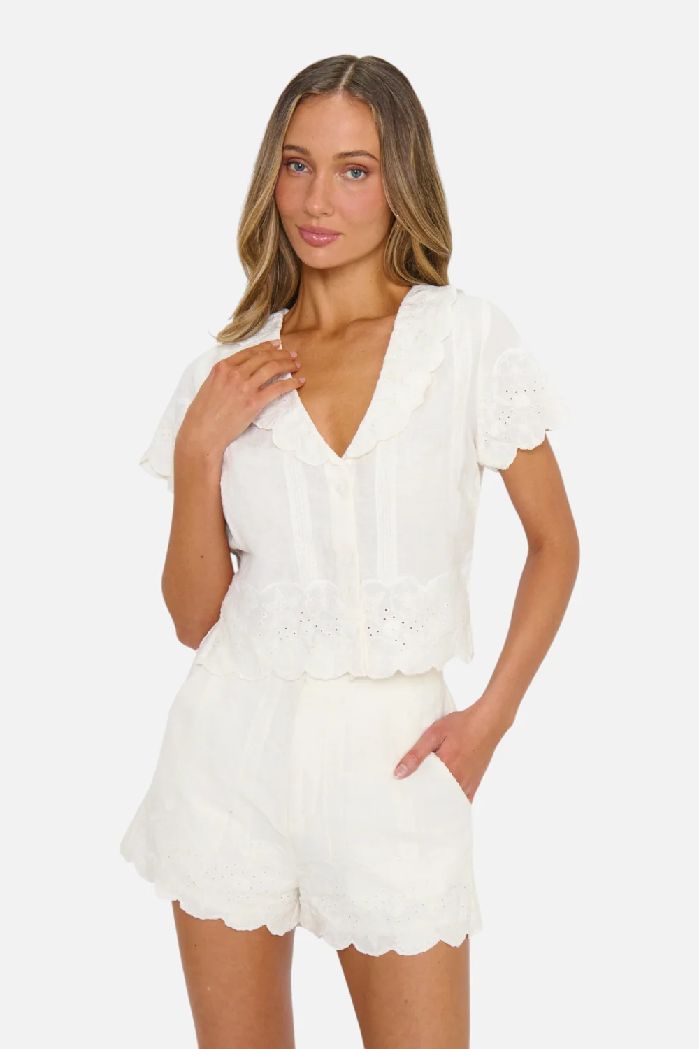 Show Me Your Mumu Lyla Eyelet Embroidery Shorts in White