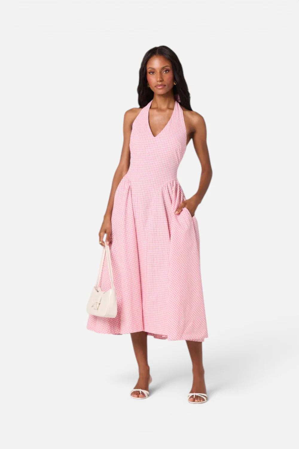 ASTR The Label Meana Midi Halter Dress in Pink Gingham