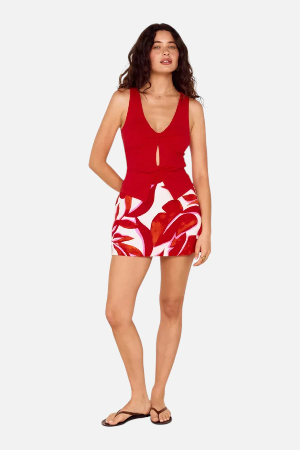 Mink Pink Ravelo Palm Print Mini Skirt in Red and White - Image 2