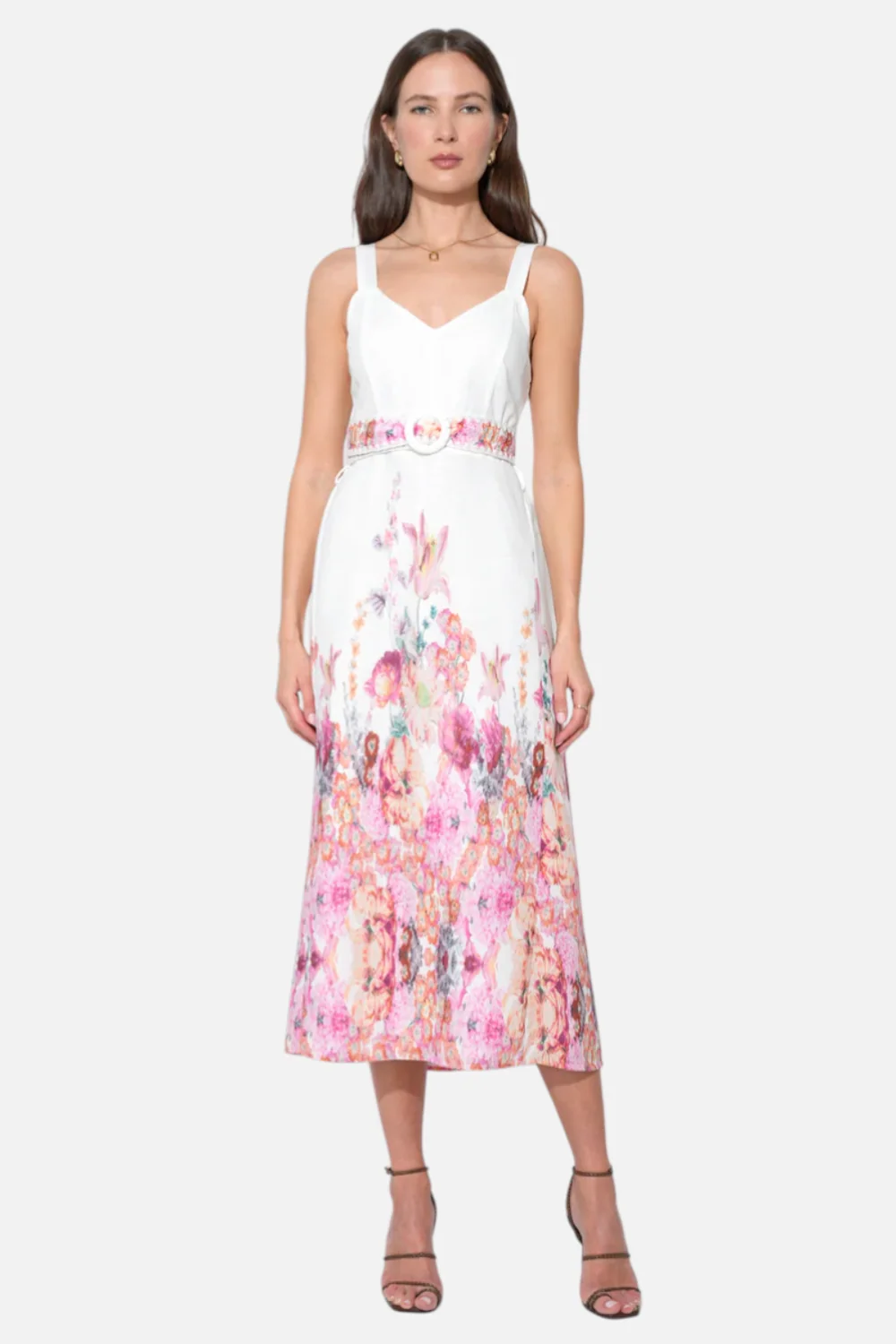 Adelyn Rae Remi V-Neck Floral Placement Midi Dress in White