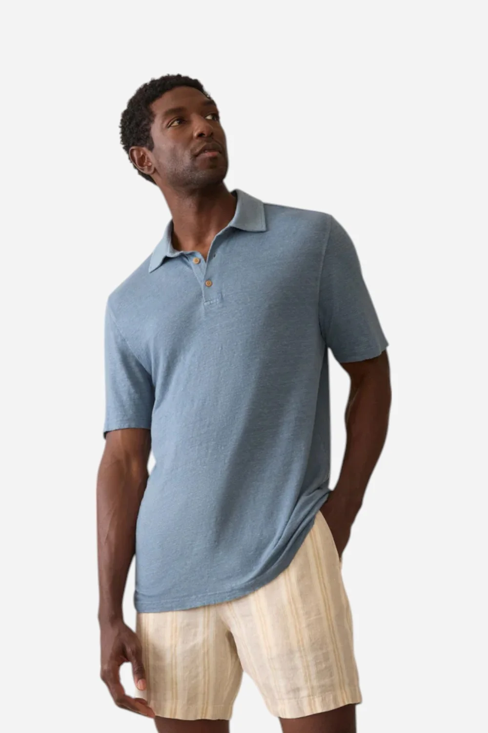 Faherty Short-Sleeve Linen Polo in Deep Marine - Image 3
