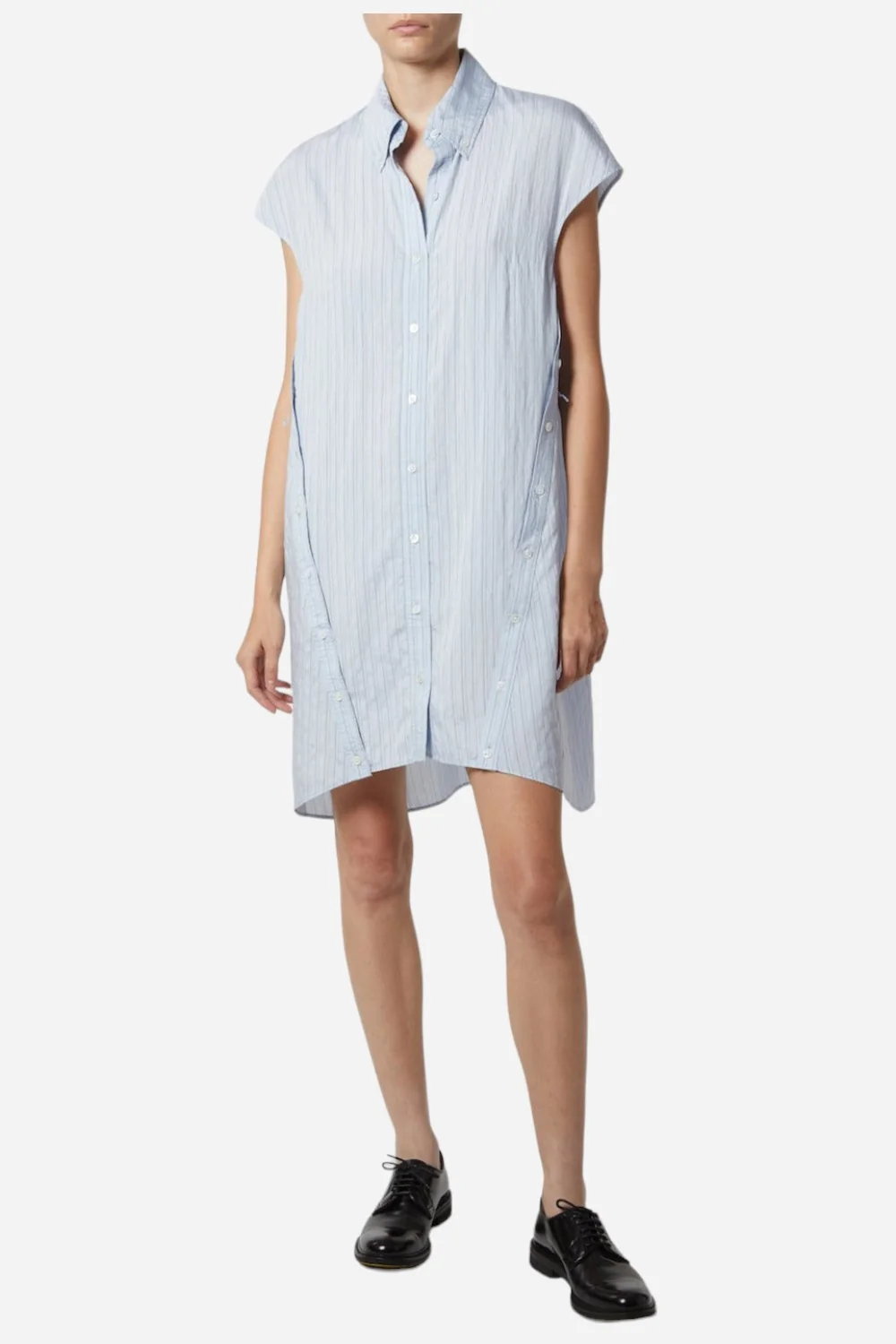 Saint Art Talma Cap Sleeve Button Dress in Pale Blue Pinstripe