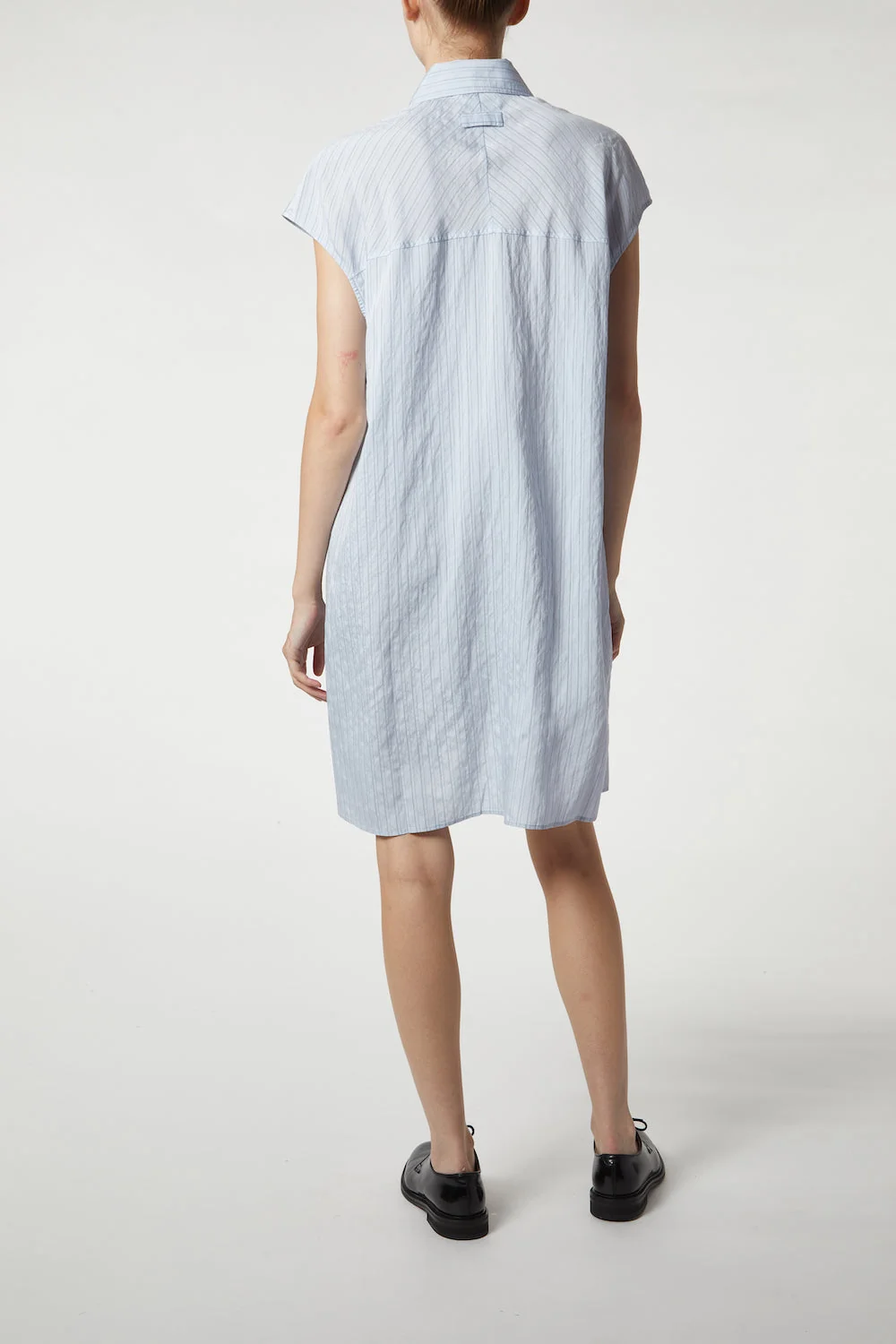 Saint Art Talma Cap Sleeve Button Dress in Pale Blue Pinstripe - Image 4