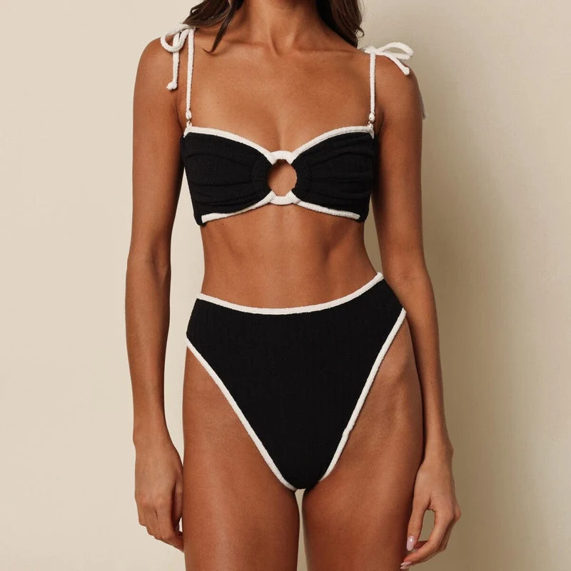 Montce X Olivia Culpo Black Cream Binded Terry Rib Tori Ties Bandeau Bikini Top in Black - Image 3