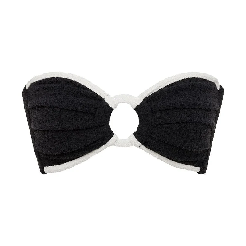 Montce X Olivia Culpo Black Cream Binded Terry Rib Tori Ties Bandeau Bikini Top in Black - Image 4