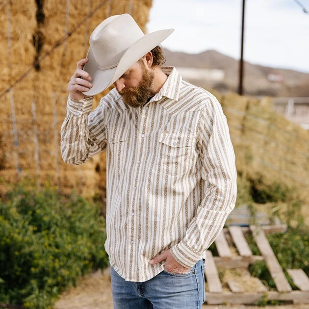 Sendero Provisions The Wyatt Button Up Long Sleeve Serape Pearl Snap Shirt in Tan - Image 6