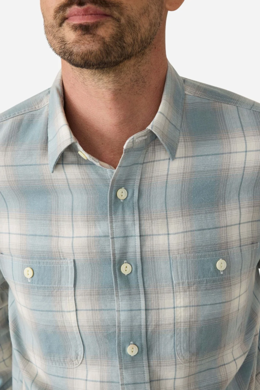 Faherty Tried & True Chambray Workshirt in Emerald Coast Plaid - Image 2