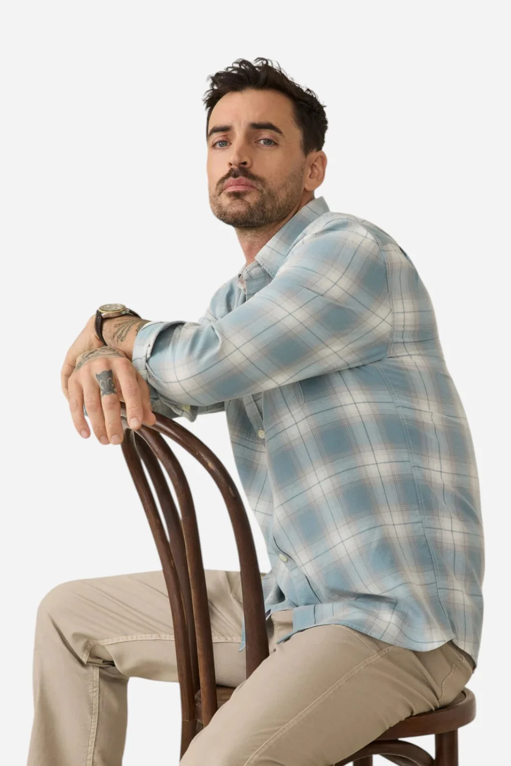 Faherty Tried & True Chambray Workshirt in Emerald Coast Plaid - Image 4