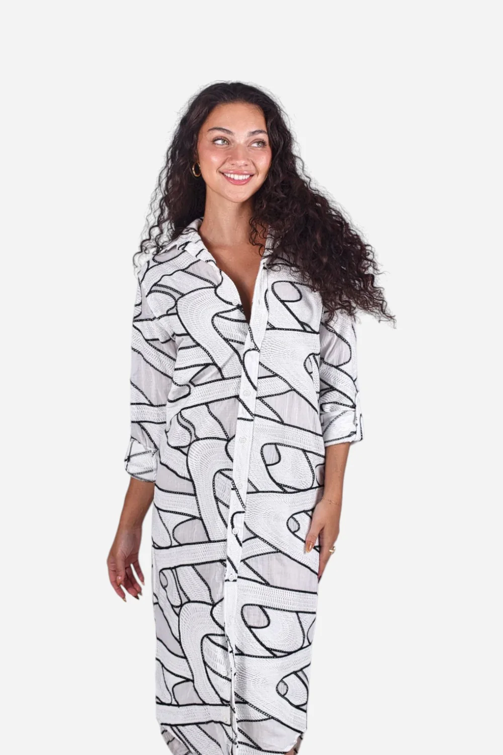 Emily Phillips White & Black Embroidery Girlfriend Midi Dress - Image 2