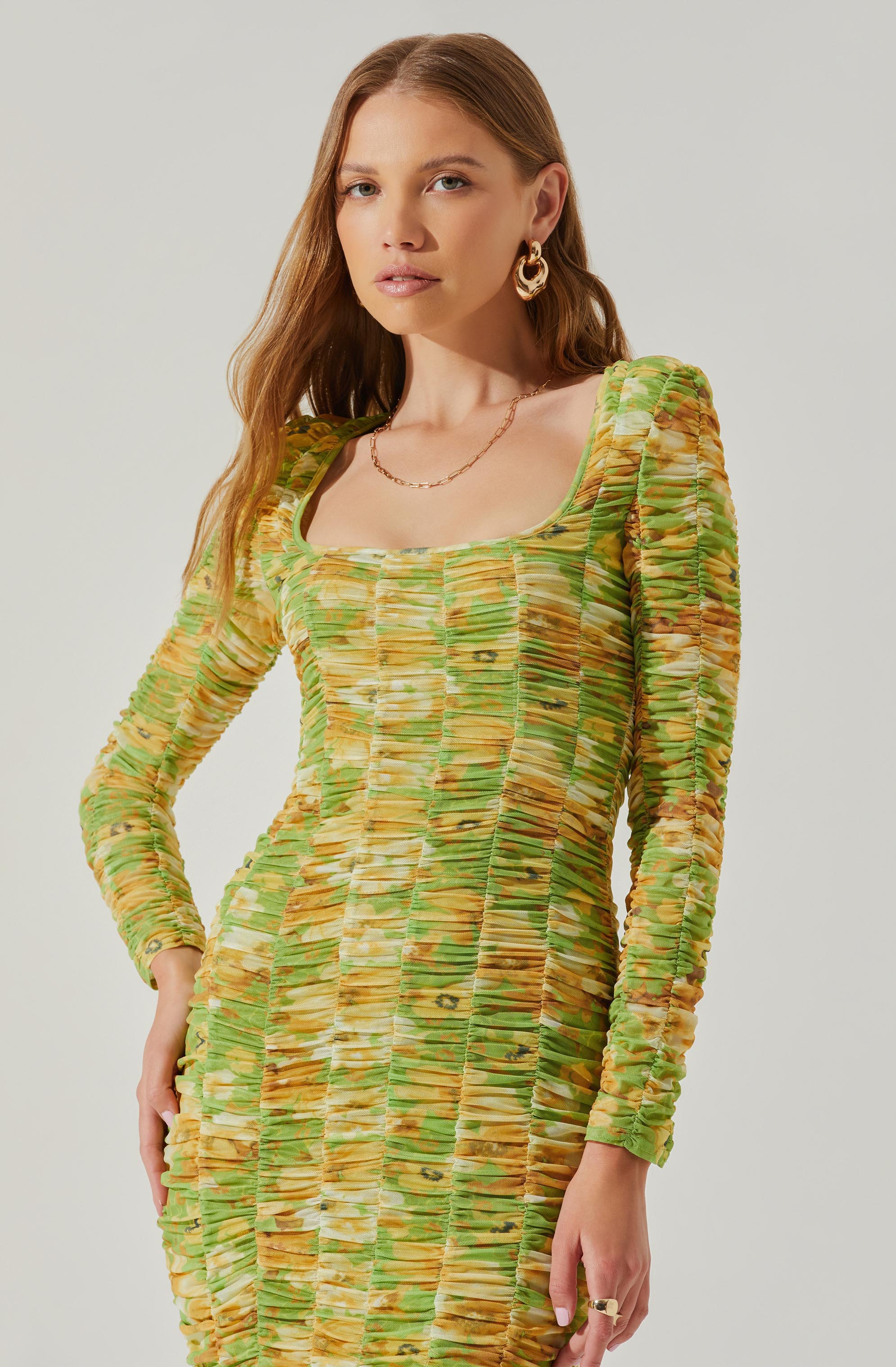 ASTR The Label Yelina Ruched Long Sleeve Midi Dress in Lime Yellow - Image 5